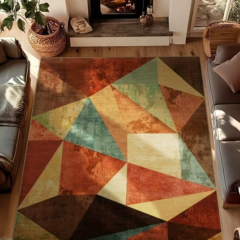 VIKAMA Vintage Teppich mit geometrischem Dreieck-Design in Terrakotta und Türkis, rutschfest und waschbar - Bild 2