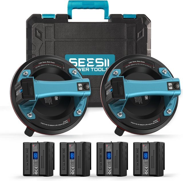 Seesii 2er Set Elektrische Vakuum-Saugnäpfe 8 Zoll mit intelligenter Anzeige und 4 Batterien für Keramik und Glas bis 200kg - Bild 1