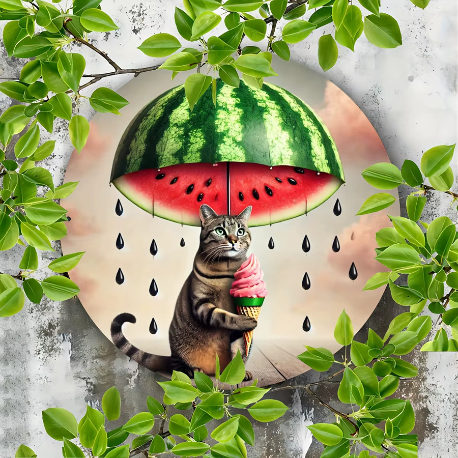 Potdemiel Metallschild Katzen und Wassermelonen-Regenschirm Dekoration, B/H: 20 x 20 cm, Mehrfarbig - Bild 5