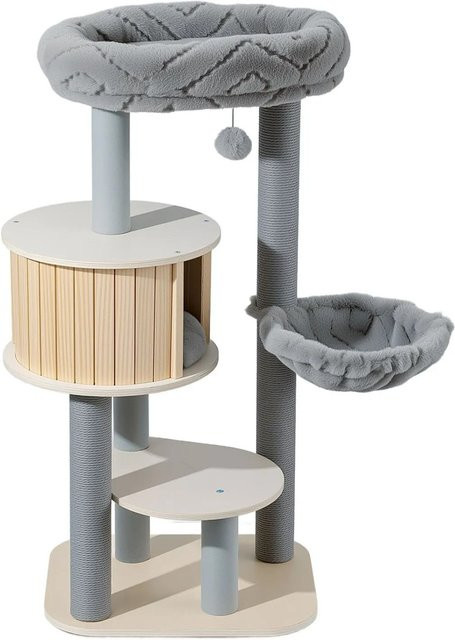 Wiltec Fudajo Urban Studio Kratzbaum für Katzen in Grau und Braun mit Höhle, Hängematte und integriertem Spielzeug, Höhe: 122 cm - Bild 1