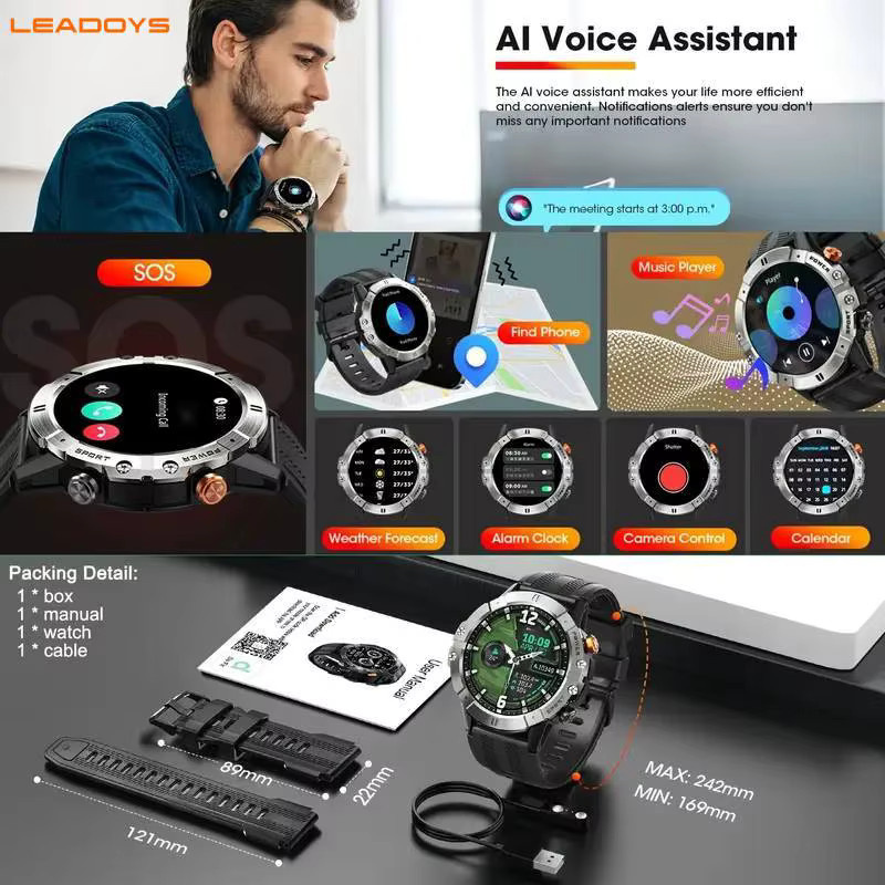 LEADOYS Smartwatch, 1,52 Zoll, Silber, Silikon, Bluetooth - Bild 4