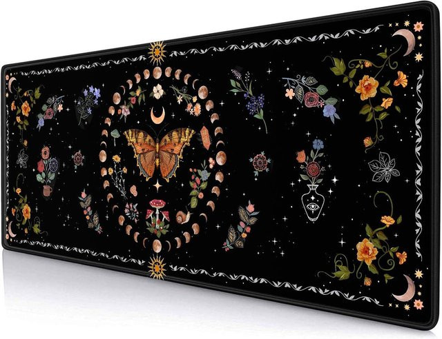 Gothic Moth & Moon Phases Mauspad Schwarz/Orange mit Blumen-Design für Gaming und Büro - Bild 1
