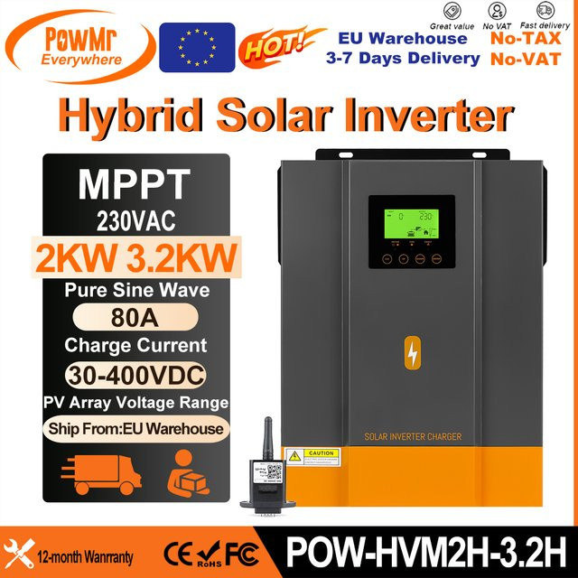 PowMr Hybrid-Solar-Wechselrichter-Ladegerät 3,2KW 2KW mit 80A MPPT-Laderegler, 230Vac-Ausgang, für 12V/24V AGM Gel Nass- und Lithium-Batterien, PV-Eingang 30-400Vdc max. 3000W für Haus, Hütte oder RV - Bild 1