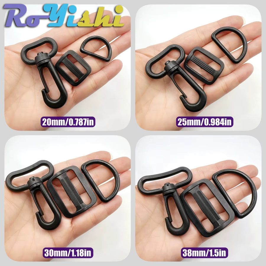 RoYishi Kunststoff-Gürtelschnallen-Set in Schwarz, 15 Stück, Set mit D-Ring-Schnallen, rechteckigen Schiebe-Einstellschnallen und drehbaren Hakenschnallen für 20–38 mm Breite - Bild 2