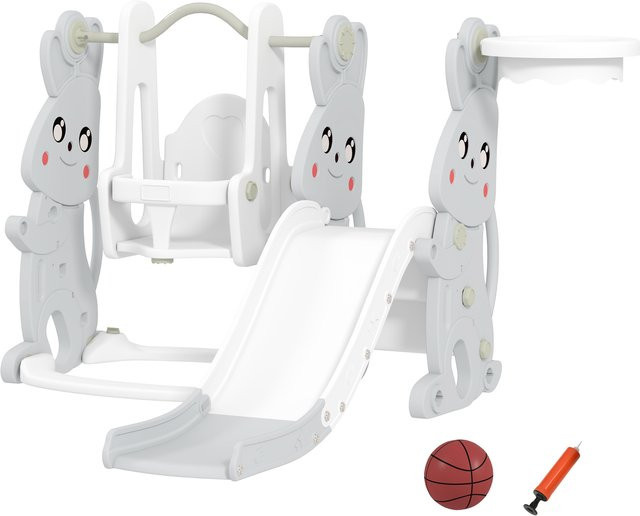 AIYAPLAY Kinderrutsche 4-in-1 mit Schaukel, Klettergerüst, Basketballkorb, Hasendesign, Grau, 1,5-4 Jahren - Bild 1