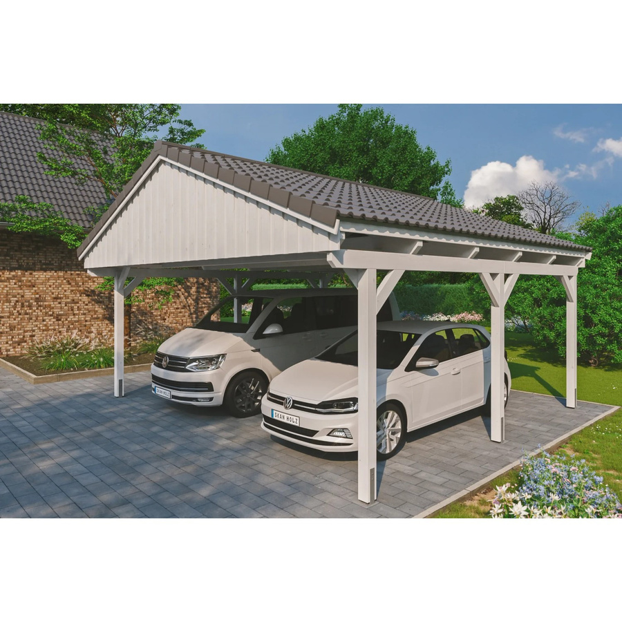 Skan Holz Carport Fichtelberg aus Fichte Leimholz mit Spitze Dachform, Farbe: Weiß, B/T: 618 x 566 cm, Höhe: 362 cm - Bild 2
