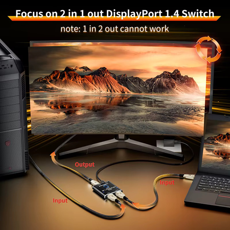 DisplayPort-Switch 2 in 1 Out Video-Wahlschalter DisplayPort 1.4 für PC und Laptop, unterstützt 18k 60Hz, 5k 120Hz und 4k 144Hz, Schwarz - Bild 3