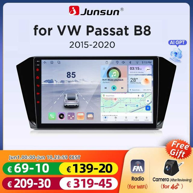 Junsun Wireless CarPlay und Android Auto Autoradio für VW Volkswagen Passat B8 MK8, 10.0 Zoll IPS Touchscreen Multimedia-Player mit GPS, WiFi, 4G, Bluetooth und DSP, Schwarz - Bild 1