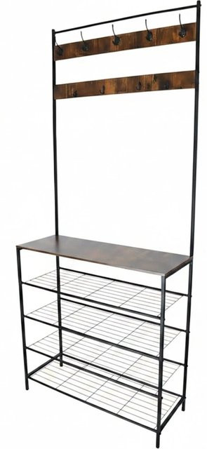 Relaxdays Garderobenständer mit Schuhregal im Industrial Design aus Eisen und MDF, Schwarz und Dunkelbraun, H: 190 cm, B: 80 cm, T: 30 cm - Bild 1