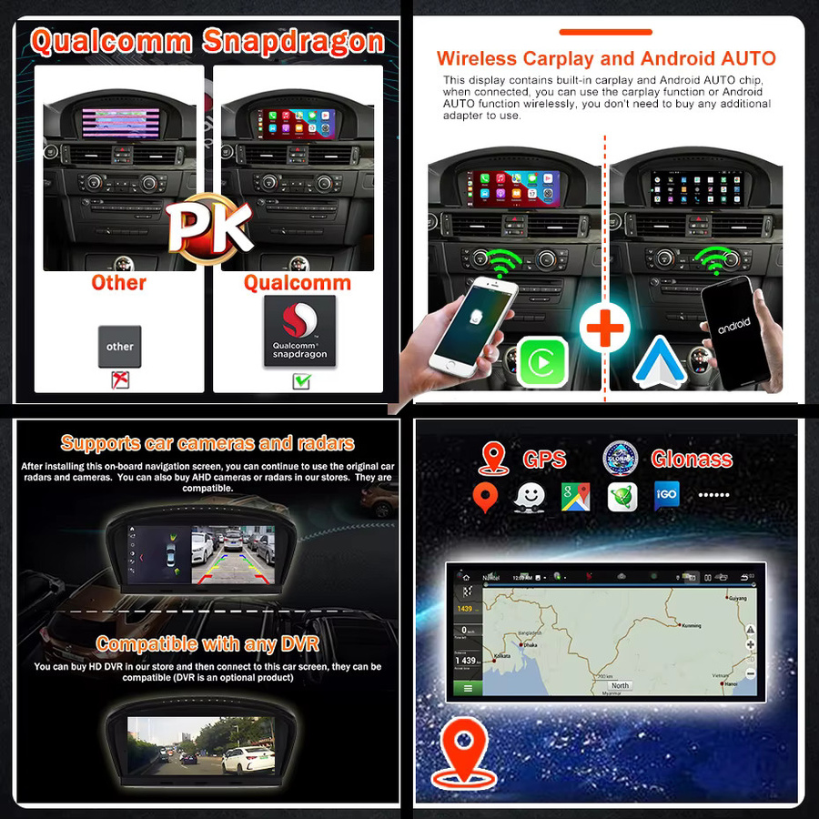 Wondefoo Android 15 Autoradio für BMW E60 E61 E63 E64 E90 E91 3/5 Serie mit 12GB RAM, 256GB Speicher, Snapdragon 8-Kern Prozessor, Bluetooth, GPS, 4G LTE und Wireless Carplay/Android Auto in Schwarz - Bild 5