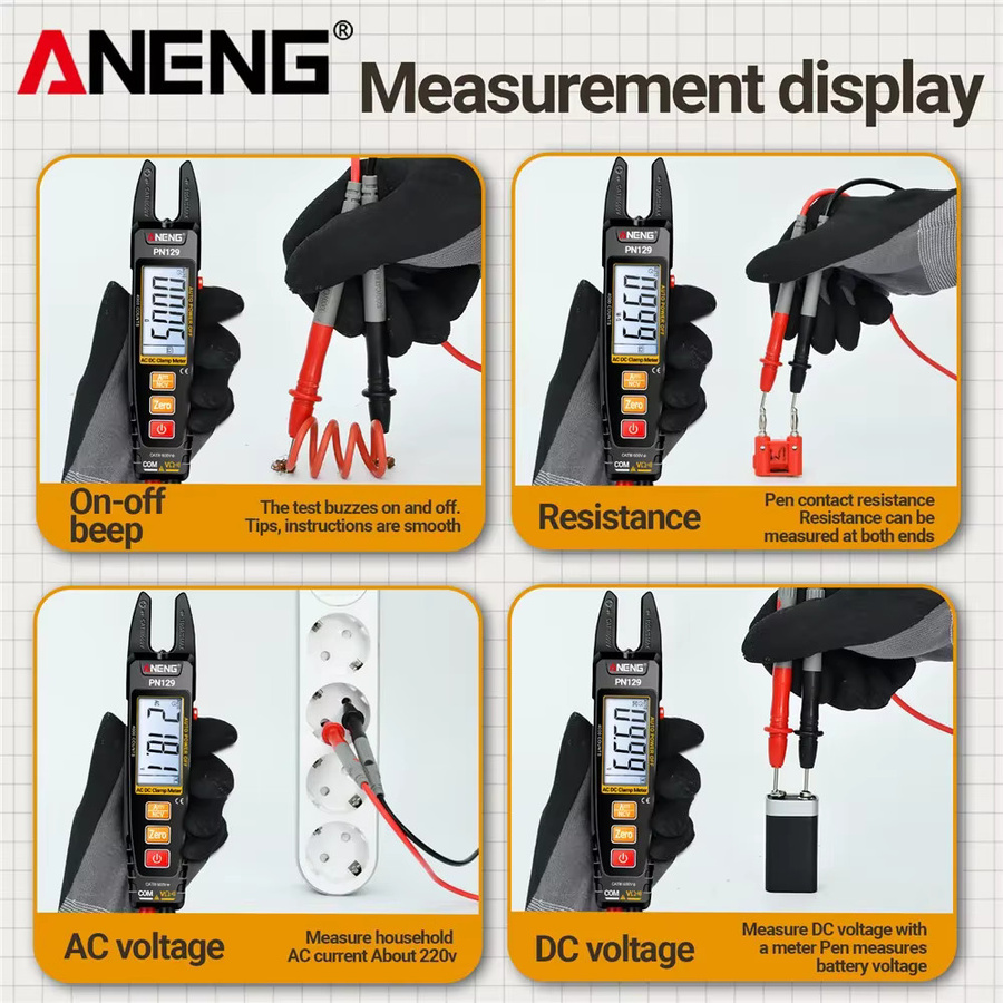 ANENG PN129 Zangenamperemeter Smart-Multimeter mit 4000 Anzeigen, berührungsloser AC/DC-Spannungsmessung bis 600V, Widerstandsmessung und NCV-Sensor-Detektion in Schwarz - Bild 5