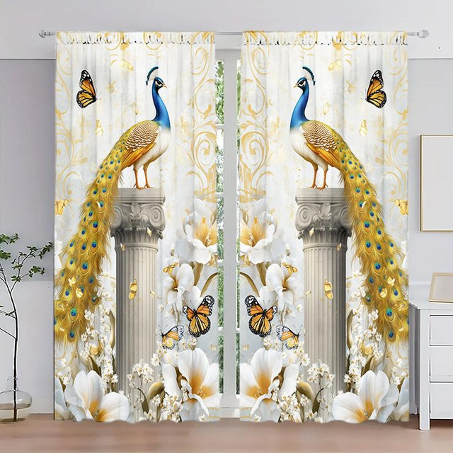 2er-Set Pfau-Vorhänge mit Blumenmuster in Beige, halbtransparent, Breite: 52,5 cm, Höhe: 116 cm - Bild 1