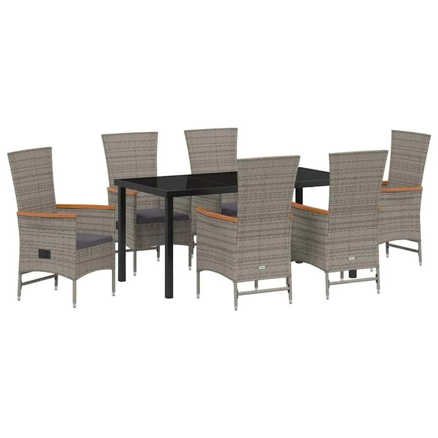 vidaXL Garten Essgruppe 7-teilig aus Poly-Rattan und Akazienholz in Grau mit Glasplatte und Kissen - Bild 2