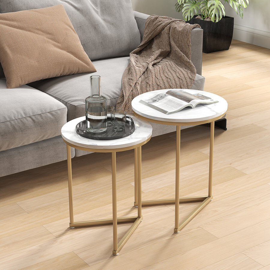 HOMCOM Beistelltisch 2er-Set, moderner runder Couchtisch mit goldenen Stahlbeinen in Weiß und Gold für Wohnzimmer, Schlafzimmer oder Flur - Bild 2