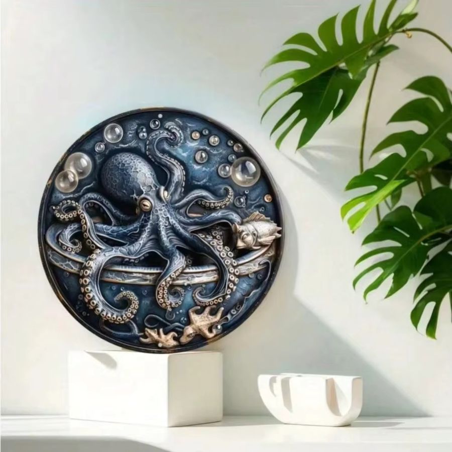 Vintage Oktopus Wandkunst aus Aluminium von CIFBUY, runde Metall-Wanddekoration für dein Zuhause und Büro, Durchmesser: 20 cm - Bild 3