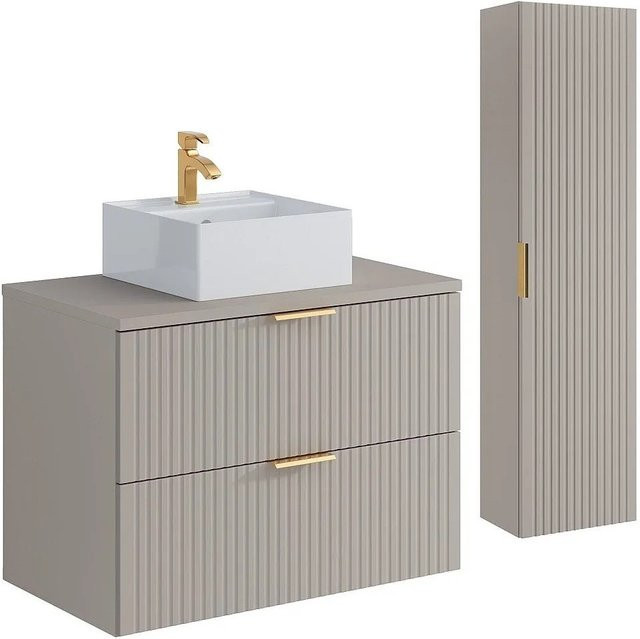 Vente-unique Badmöbel-Set Zevara in Beige im Art-Deco-Stil mit Aufsatzwaschbecken und Hochschrank, Breite: 80 cm - Bild 1
