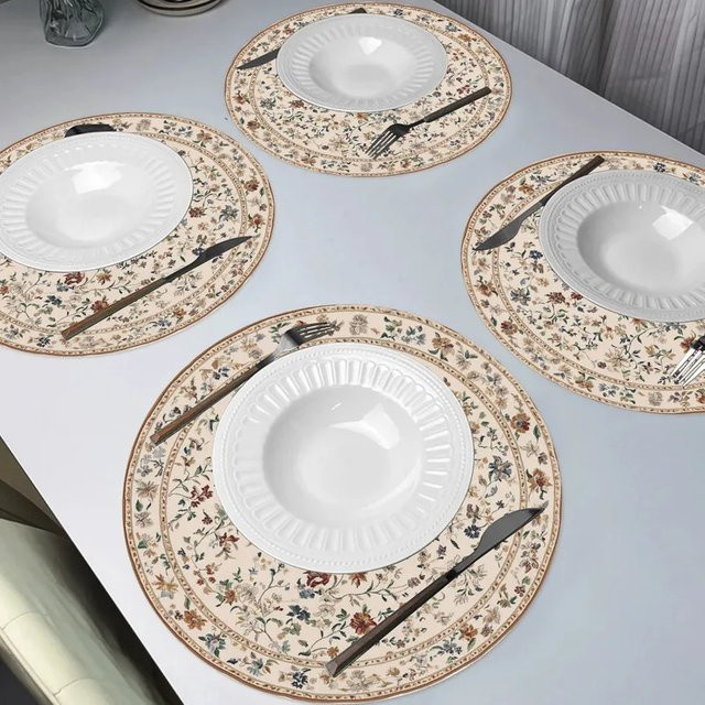 VIKAMA 4-teiliges Set runde Blumen-Tischmatten im Landhausstil, mehrfarbig mit braunem Rand, hitzebeständig und waschbar - Bild 1