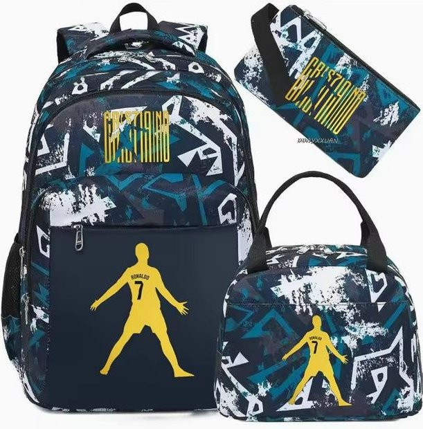 3-teiliges Schulrucksack-Set aus Oxford-Stoff in Grau und Multicolour mit Schultasche, Schultergurt und Federmäppchen - Bild 1