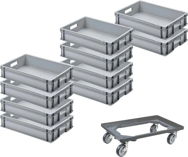PROREGAL SparSet mit 10 Eurobehältern und 1 Transportroller, Grau, H x B x T: 12 x 40 x 60 cm, 21 Liter Volumen pro Box - Bild 1