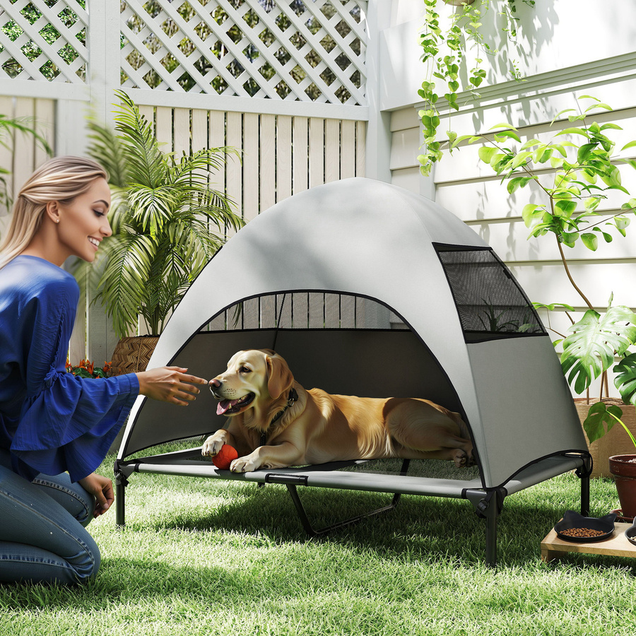 PawHut Hundeliege Outdoor mit Dach und erhöhtem Boden, hellgraues Hundebett für große Hunde mit Waschbarem Bezug, B/T/H: 106 x 76 x 99 cm - Bild 2