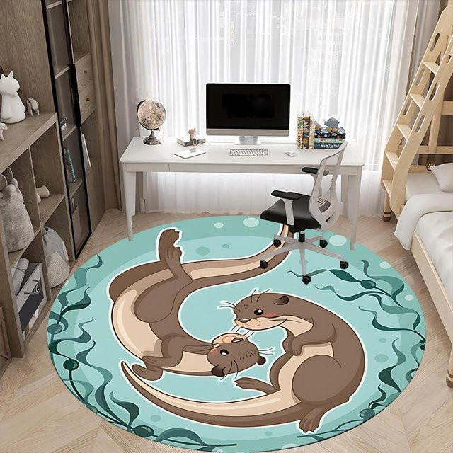 Runder Teppich mit Otter-Familien-Motiv von Yi Xin Two, waschbar und rutschfest, Durchmesser: 100 cm - Bild 1