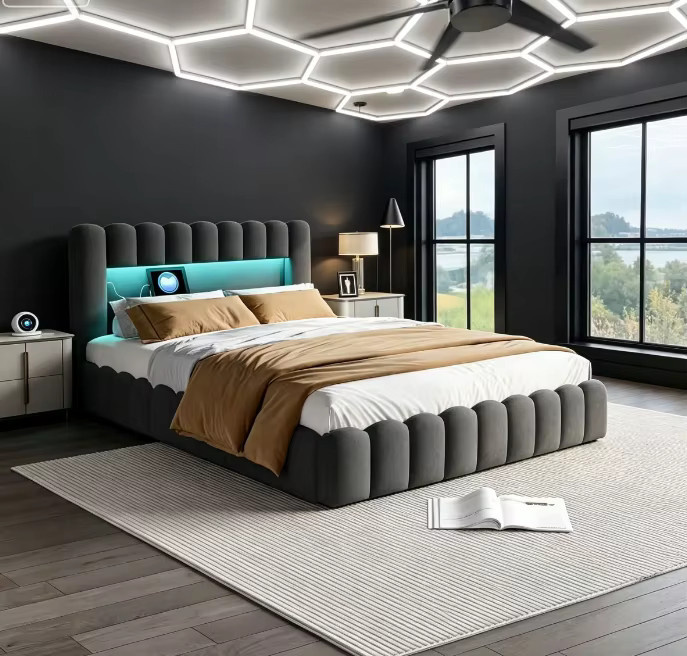 Modernes Polsterbett in Grau mit Bettkasten, LED-Beleuchtung und USB-Anschluss, B/T: 180 x 200 cm - Bild 4