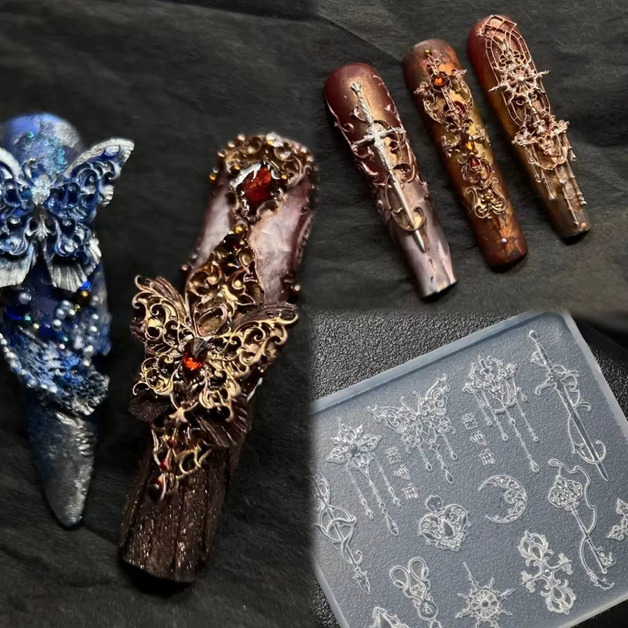 3D Barock Muster Gel Nail Art Form, Schmetterling Mond Harz Schwert Formen, Maniküre Zubehör - Bild 3