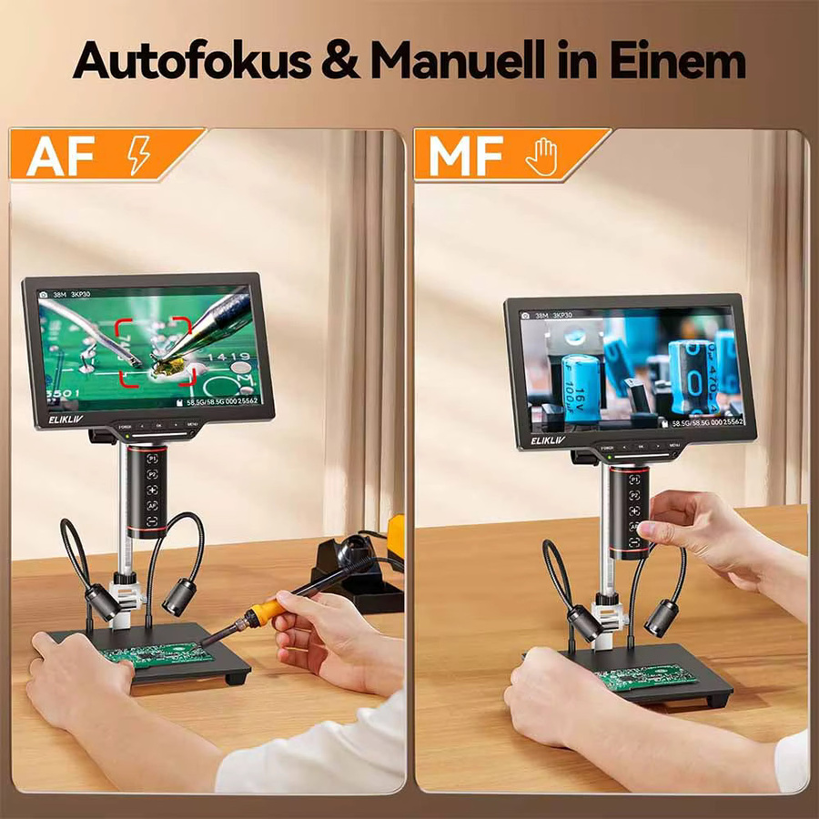 Elikliv EM3K-AF Digitalmikroskop 3K mit 10,1 Zoll Autofokus und HDMI-Anschluss für Elektronik-Reparatur in Schwarz inklusive 10-Zoll-Ständer - Bild 1