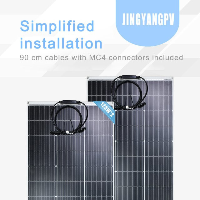 JINGYANGPV Set aus 2 flexiblen Solarpanels mit insgesamt 250W (2 x 125W), Farbe Schwarz, 23% Umwandlungseffizienz für Balkonkraftwerke, Wohnmobile und Boote - Bild 1