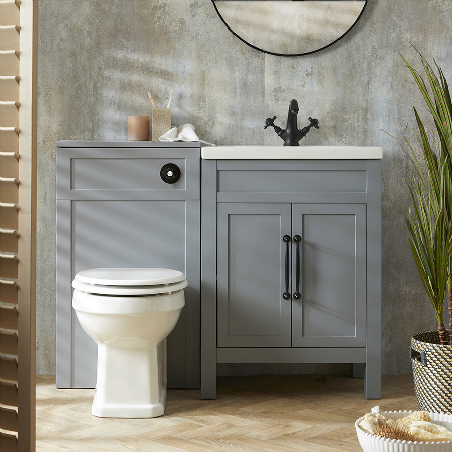 Warwick Hudson Reed Badezimmer-Set aus Waschtischunterschrank und WC-Einheit in Hellgrau mit Richmond-Stand-WC und Chrom-Armaturen, Breite: 60 cm - Bild 1