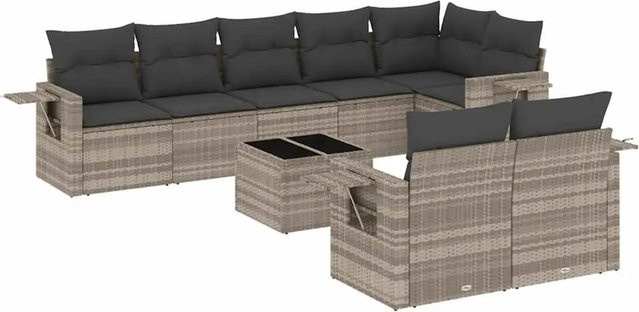 vidaXL 9-teilige Garten-Sofagarnitur aus Polyrattan mit Kissen in Hellgrau - Bild 1