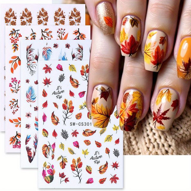 SWEET TREND Nail Art Aufkleber, Herbst Gold Ahorn Blätter, 4 Stück - Bild 1