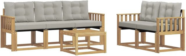 vidaXL Outdoor-Sofagarnitur 6-teilig aus Akazienholz mit Textilene und Kissen in Weiß-Hellgrau - Bild 1