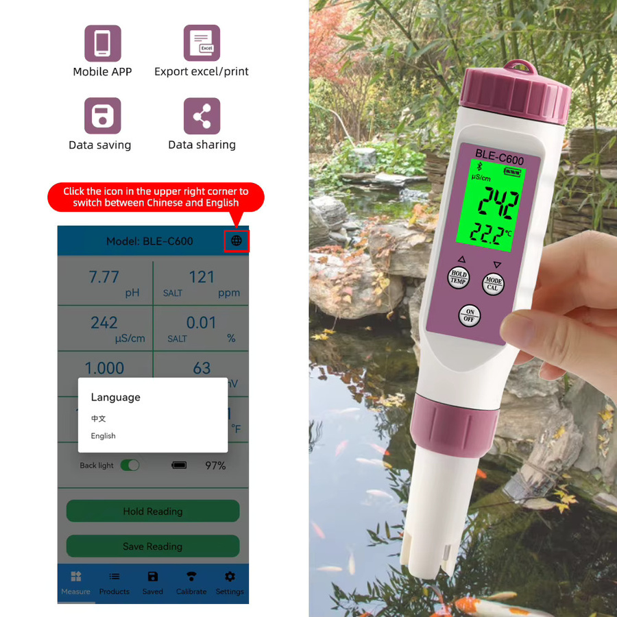 RCYAGO Digitales pH-Messgerät mit APP-Steuerung für Trinkwasser, Pool und Aquarium zur Messung von ORP, EC, Salzgehalt, S.G., Temperatur und TDS in Weiß - Bild 2