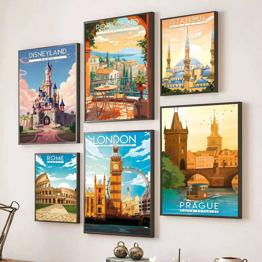 Selbstklebendes Wandposter mit klassischen Stadt-Reiseillustrationen in Mehrfarbig von Bilibili - Bild 3
