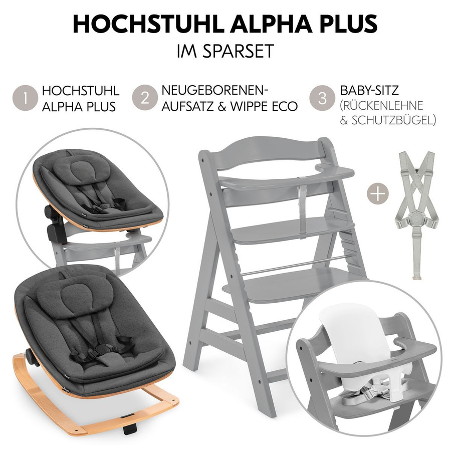 Hauck Alpha Plus 4-tlg. Newborn Set Hochstuhl mit Neugeborenenaufsatz Wippe Eco und Baby Seat in Grau - Bild 2