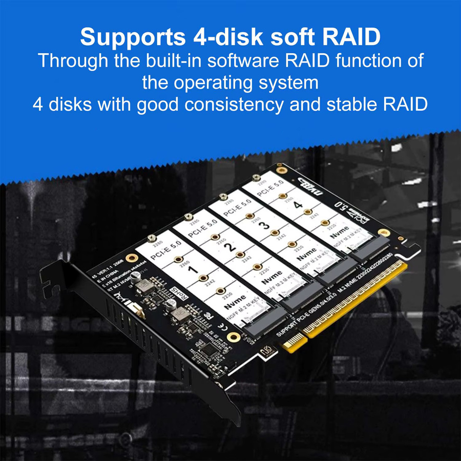 T.F.SKYWINDINTL PCIe 5.0 4-Port NVMe Erweiterungskarte, M.2 M-Key SSD Adapterkarte in Schwarz, unterstützt PCIe 3.0/4.0/5.0 Bifurkation - Bild 3