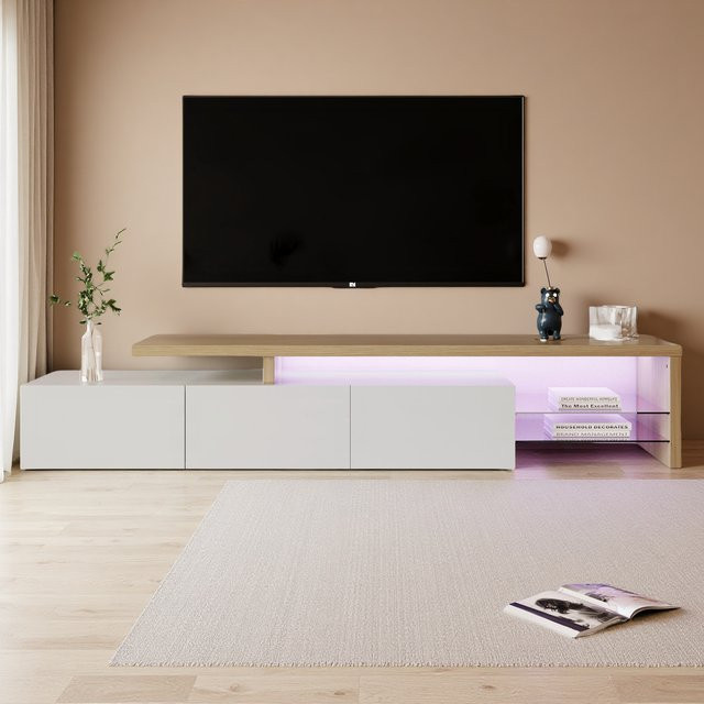 Rosahqnda TV-Schrank für dein Wohnzimmer, modernes Lowboard mit LED-Beleuchtung und 3 Schubladen in Weiß/Schwarz Hochglanz - Bild 1