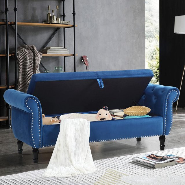 Homfa Samt-Aufbewahrungsbank mit Armlehnen und Chesterfield-Polsterung, gepolsterte Ottoman-Bank für Schlafzimmer und Wohnzimmer in Weiß oder Blau - Bild 1