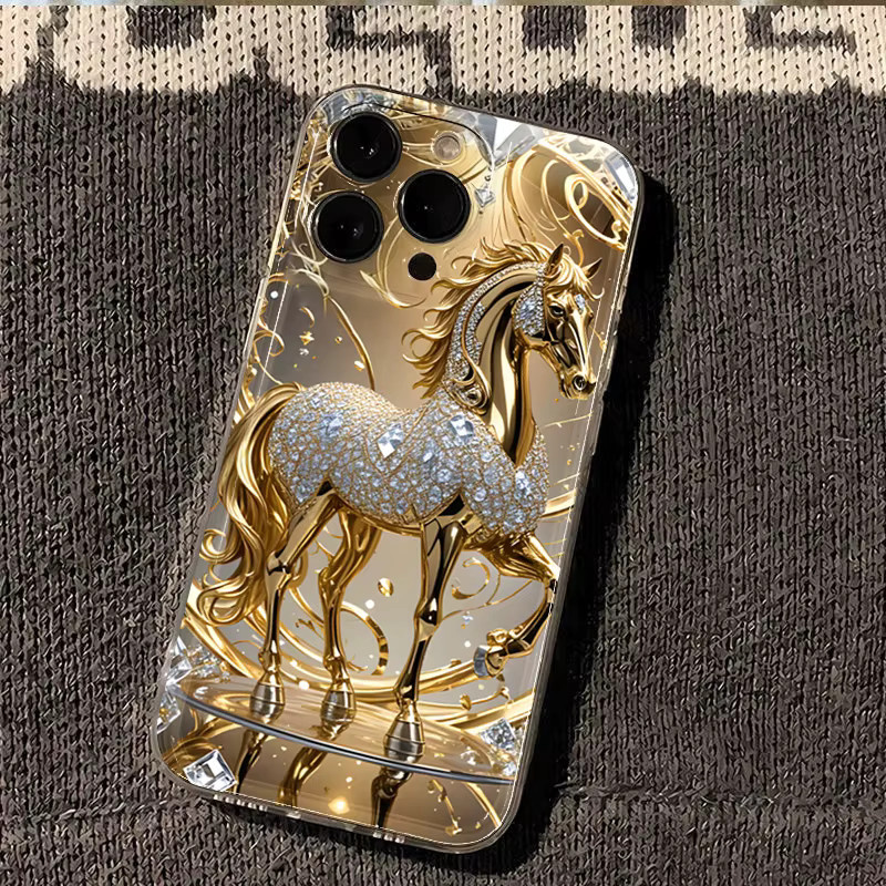 Golden Horse Diamond Handyhülle für iPhone 17 16 15 14 13 12 11 Pro Max Plus XR XS X Soft Clear Cover in Transparent Gold - Bild 2