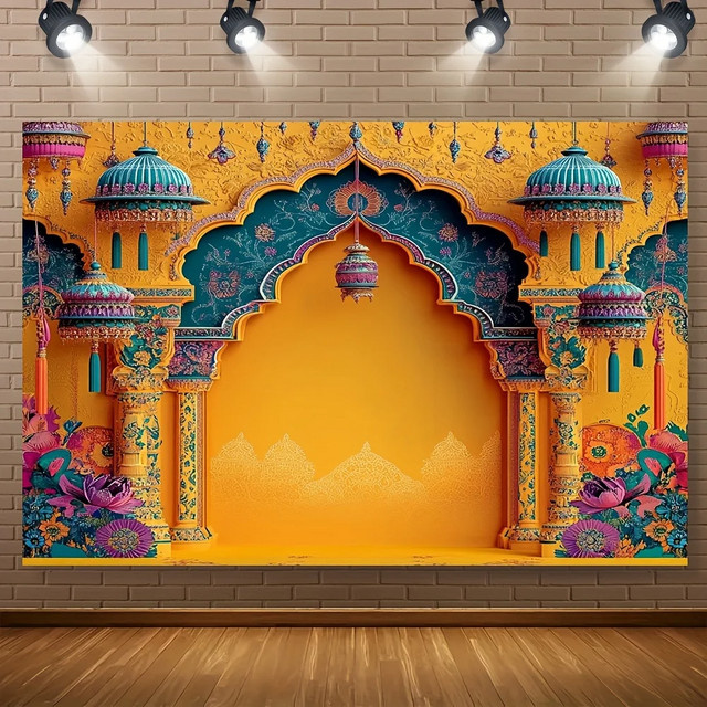 VIKAMA Indischer Hochzeits-Hintergrund mit orientalischem Design und floralen Mustern in Multicolour, B/H: 180 x 100 cm - Bild 1