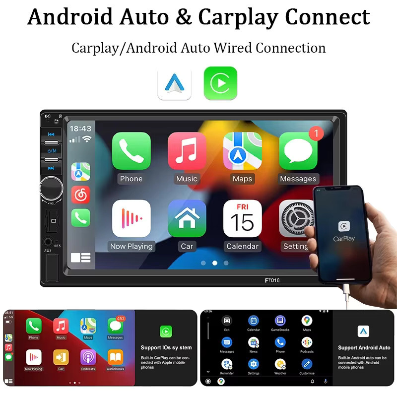 Hippcron 7 Zoll 1 DIN Autoradio mit HD-Touchscreen, Carplay, Android Auto, Bluetooth und MirrorLink in Schwarz - Bild 3