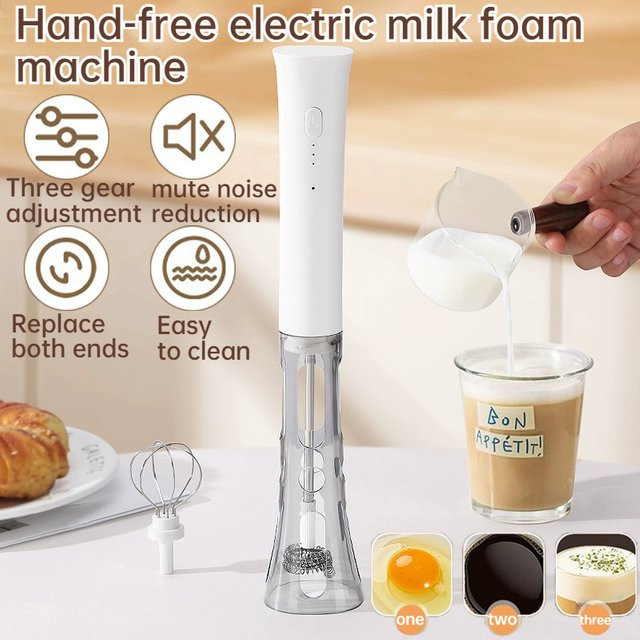 LZJV Elektrischer Milchaufschäumer in Weiß mit drei Geschwindigkeitsstufen und austauschbaren Doppelköpfen, kabelloses und wiederaufladbares Design für Kaffee, Backen und Marmelade - Bild 1