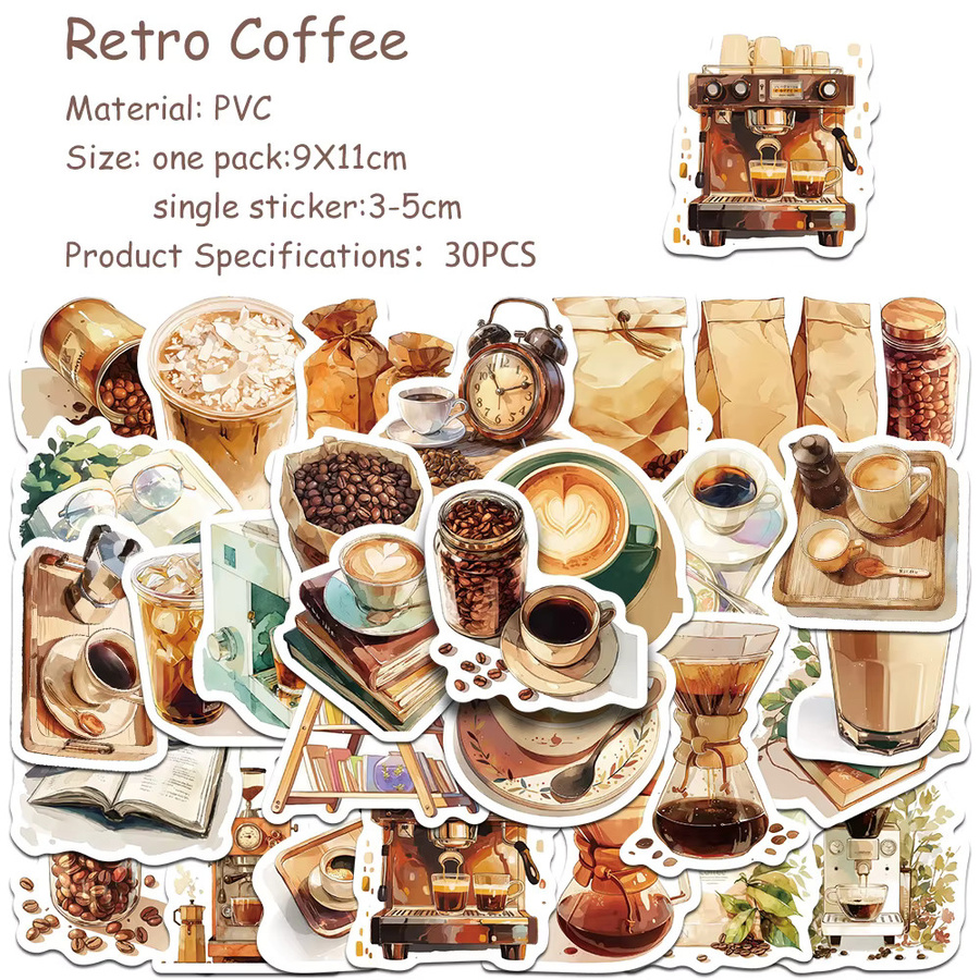 30 Stück Retro Kaffee Aufkleber Set in Multicolour für DIY Graffiti und Sammelalben - Bild 2