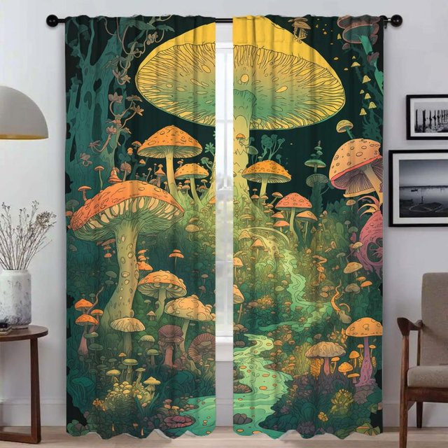 2er-Set halbtransparente Vorhänge mit abstraktem Pilzmuster in Multicolour, Breite: 50 cm, Höhe: 70 cm - Bild 1