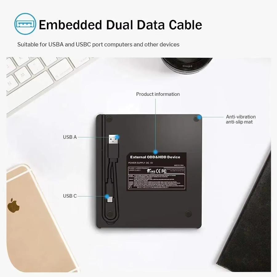 GGBEE 7-in-1 Externes DVD-Laufwerk mit USB-C und USB 3.0, Tragbarer CD-Brenner für Desktop, Mac, Windows und Linux, Schwarz - Bild 4