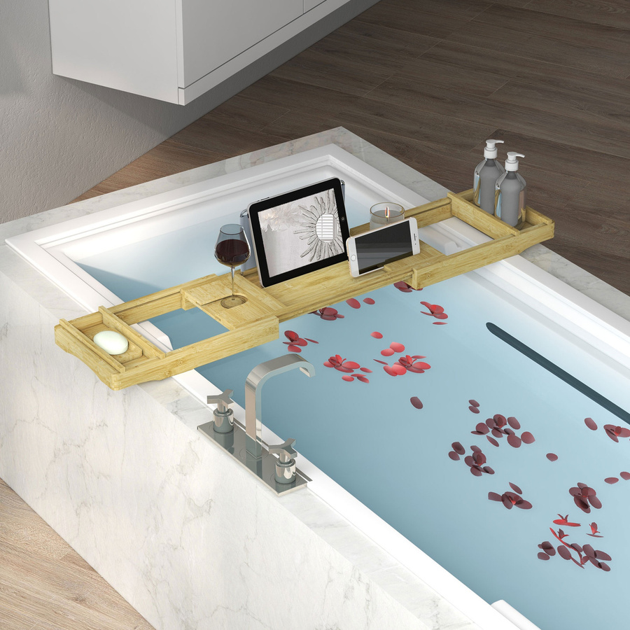 HOMCOM Badewannenregal aus Bambus mit Getränkehalter und Seifenschale, Naturholzoptik Braun, B/T/H: 75-109 x 23 x 4,5 cm - Bild 2