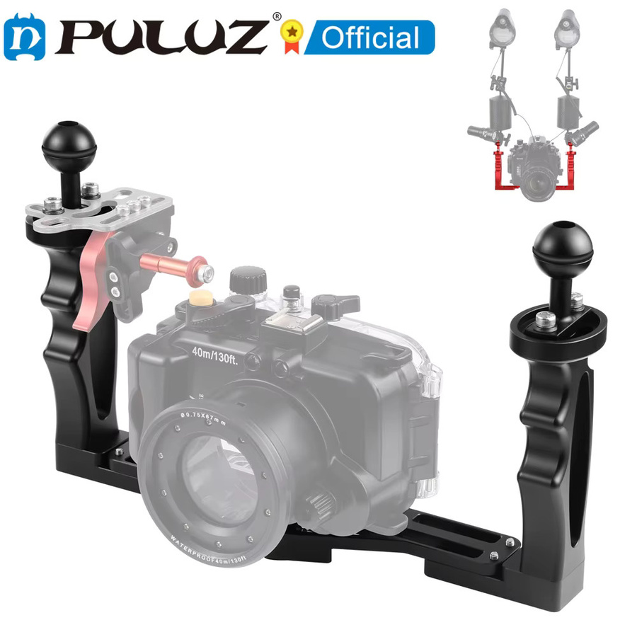 PULUZ Doppelgriffe Tablett-Stabilisator aus Aluminiumlegierung mit Auslöser und Verlängerungsadapter für Unterwasserkameragehäuse in Schwarz oder Rot - Bild 2
