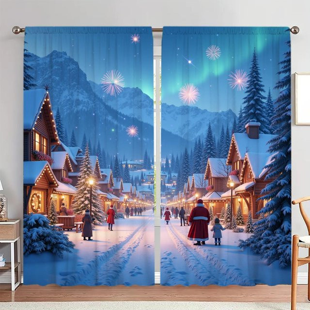 2er-Set Weihnachts Vorhänge mit Schneelandschaft-Print in Grau und Blau, halbtransparent, B: 52,5 cm, H: 116 cm - Bild 1