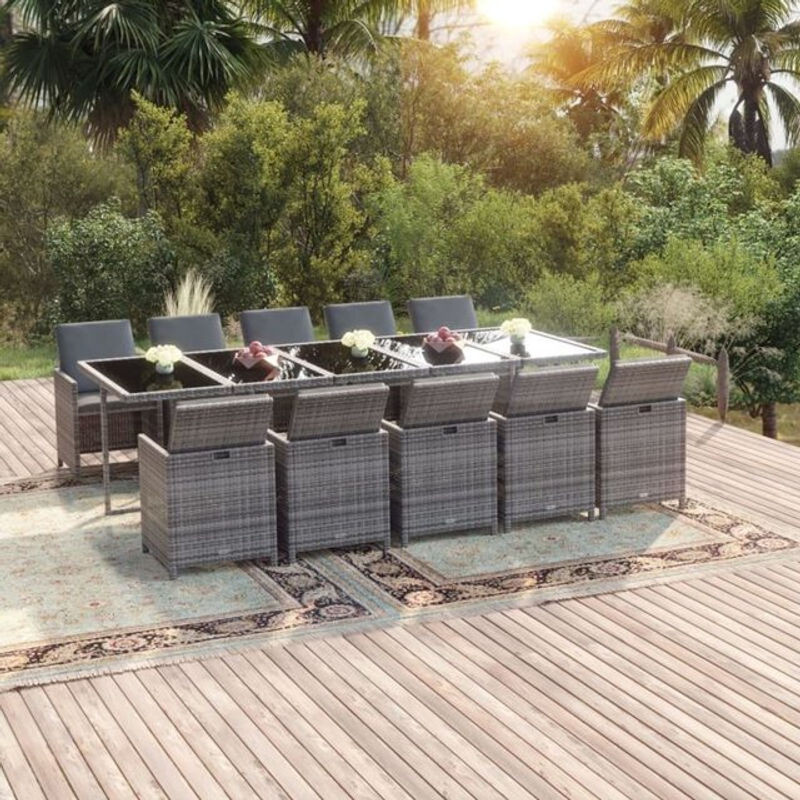 11-teilige moderne Garten-Essgruppe aus Poly-Rattan mit Kissen in Grau von vidaxl - Bild 1